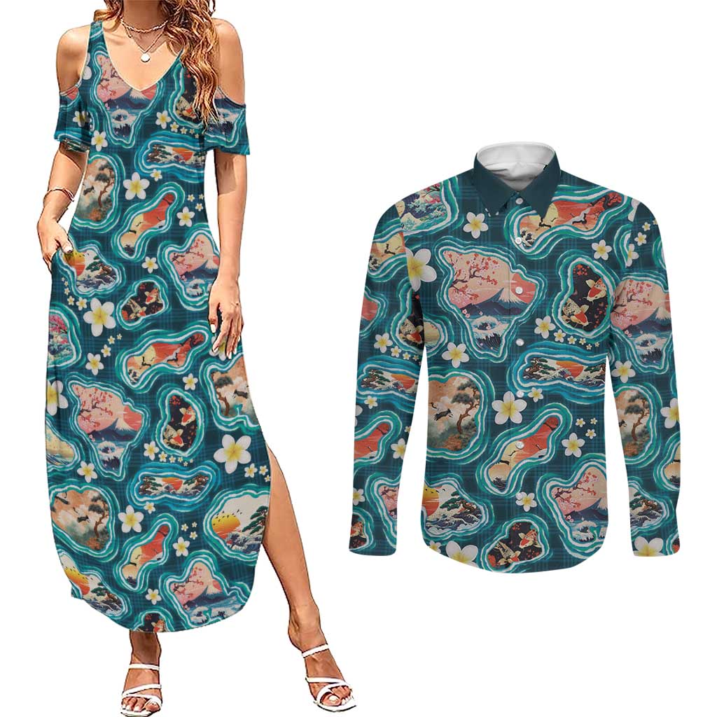 Hawaiian and Japanese Culture Together Couples Matching Summer Maxi Dress and Long Sleeve Button Shirt Hawaiian Island Shapes with Japanese Landscape Teal Color LT03 Teal - Polynesian Pride