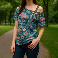 Hawaiian and Japanese Culture Together Cross Shoulder Shirt Hawaiian Island Shapes with Japanese Landscape Teal Color LT03 - Polynesian Pride
