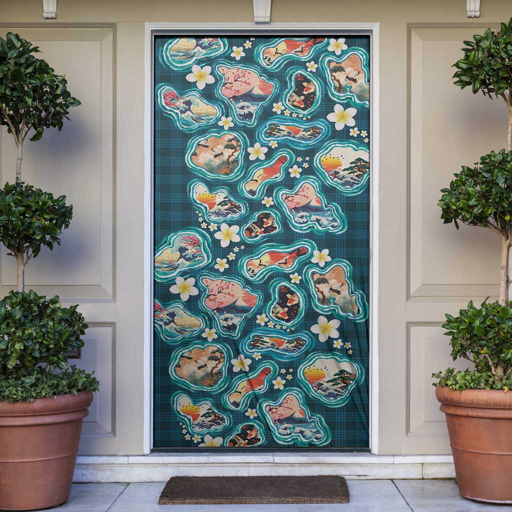 Hawaiian and Japanese Culture Together Door Cover Hawaiian Island Shapes with Japanese Landscape Teal Color LT03 Teal - Polynesian Pride