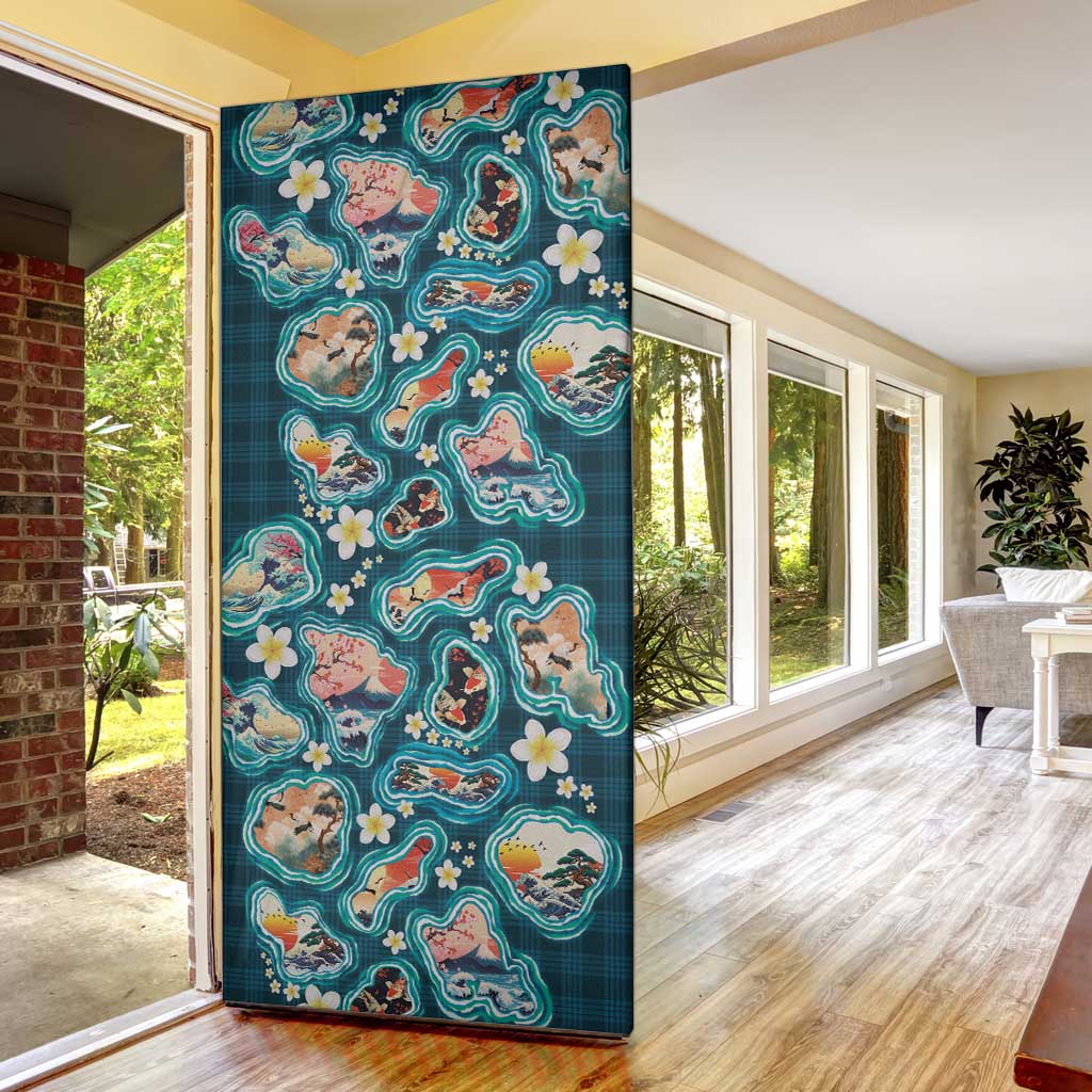 Hawaiian and Japanese Culture Together Door Cover Hawaiian Island Shapes with Japanese Landscape Teal Color LT03 - Polynesian Pride