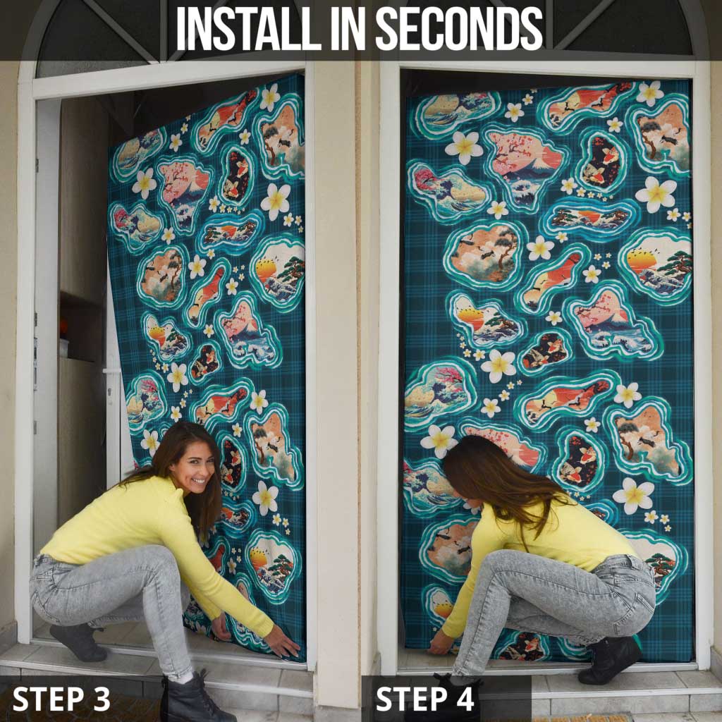 Hawaiian and Japanese Culture Together Door Cover Hawaiian Island Shapes with Japanese Landscape Teal Color LT03 - Polynesian Pride