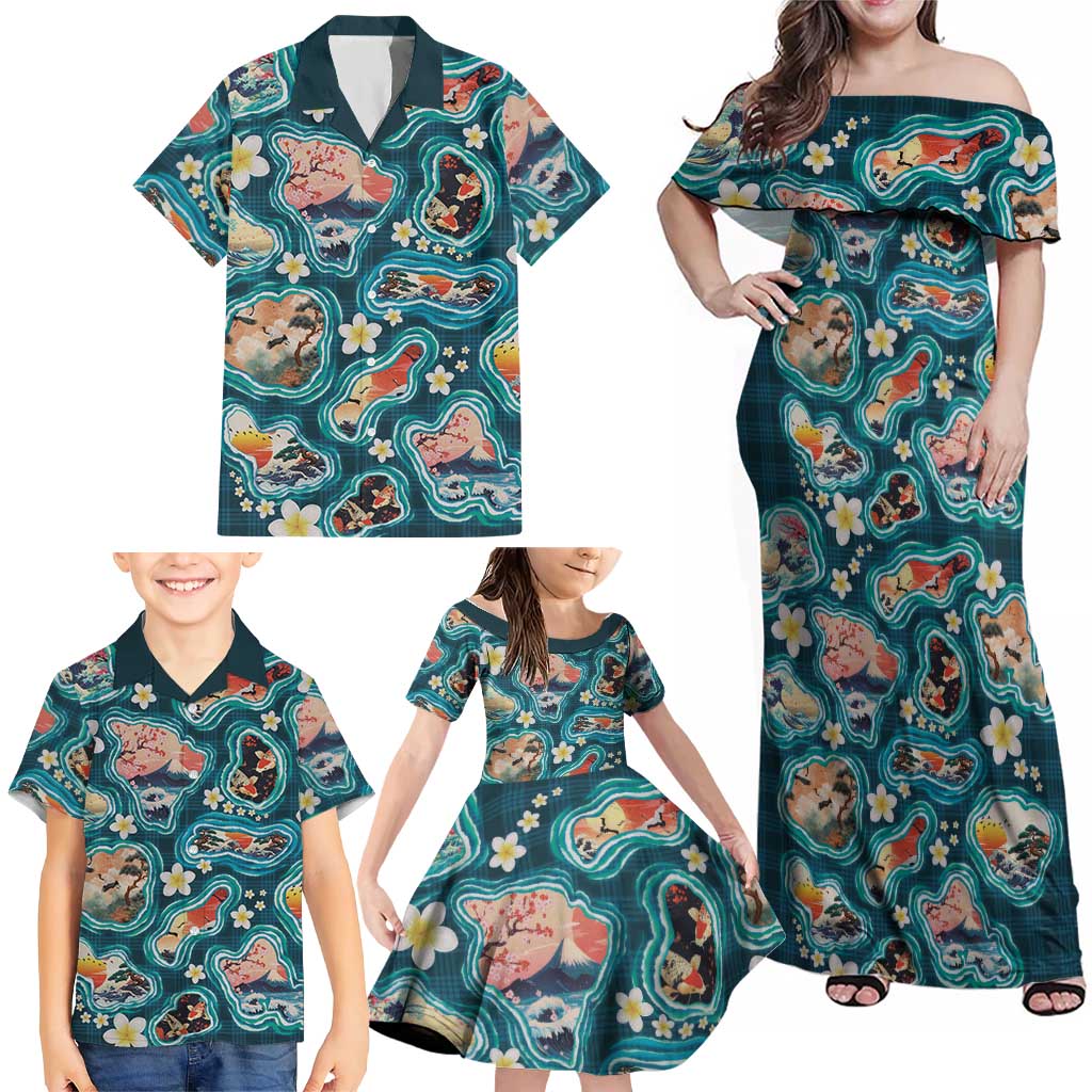 Hawaiian and Japanese Culture Together Family Matching Off Shoulder Maxi Dress and Hawaiian Shirt Hawaiian Island Shapes with Japanese Landscape Teal Color