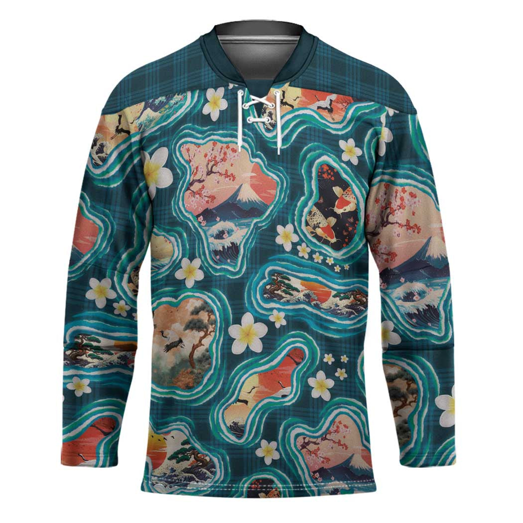 Hawaiian and Japanese Culture Together Hockey Jersey Hawaiian Island Shapes with Japanese Landscape Teal Color LT03 Unisex Teal - Polynesian Pride
