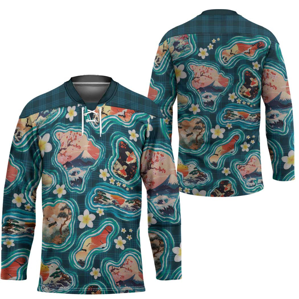 Hawaiian and Japanese Culture Together Hockey Jersey Hawaiian Island Shapes with Japanese Landscape Teal Color LT03 - Polynesian Pride