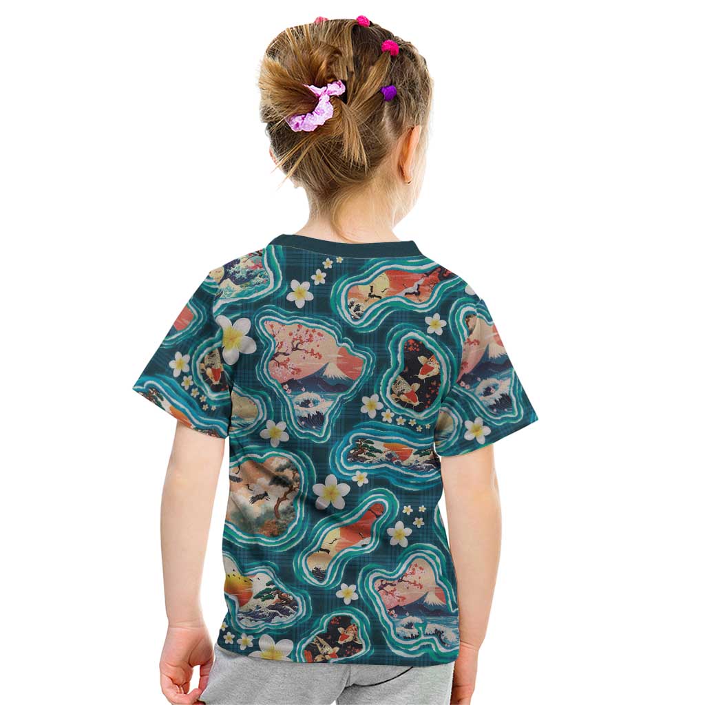 Hawaiian and Japanese Culture Together Kid T Shirt Hawaiian Island Shapes with Japanese Landscape Teal Color LT03 - Polynesian Pride