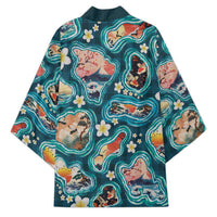 Hawaiian and Japanese Culture Together Kimono Hawaiian Island Shapes with Japanese Landscape Teal Color LT03 - Polynesian Pride