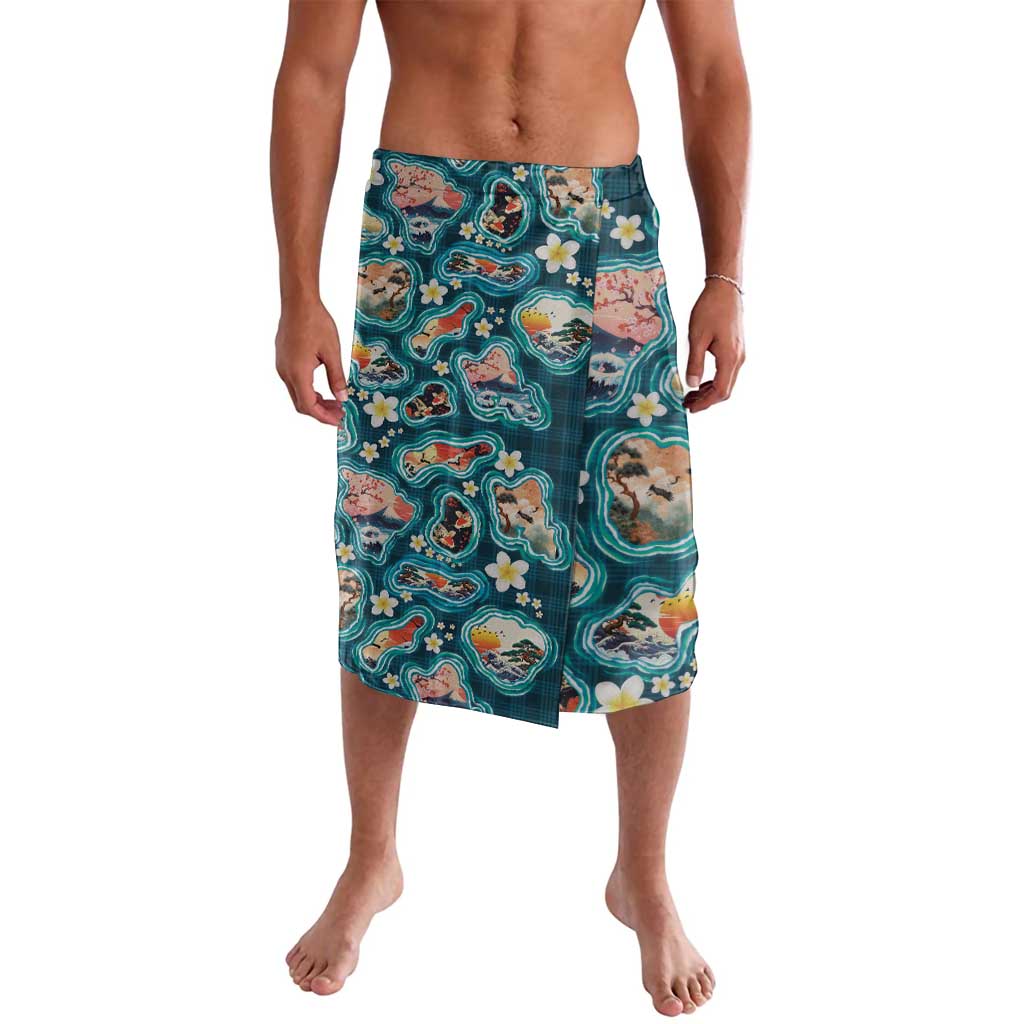 Hawaiian and Japanese Culture Together Lavalava Hawaiian Island Shapes with Japanese Landscape Teal Color LT03 Teal - Polynesian Pride