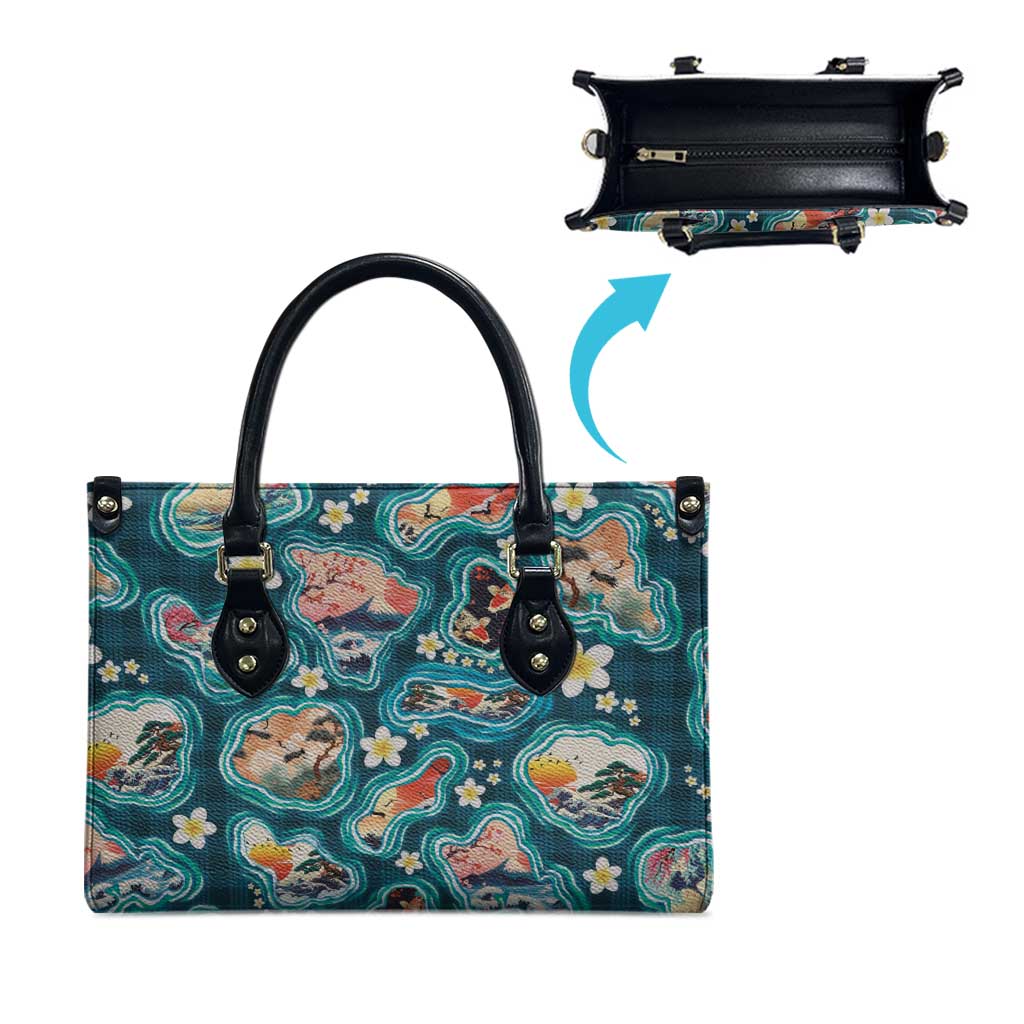 Hawaiian and Japanese Culture Together Leather Bag Hawaiian Island Shapes with Japanese Landscape Teal Color LT03 - Polynesian Pride