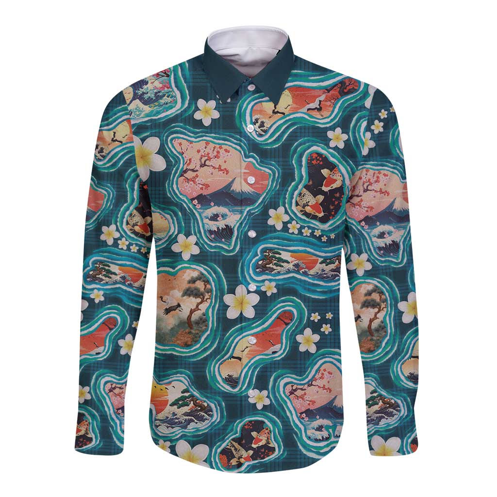 Hawaiian and Japanese Culture Together Long Sleeve Button Shirt Hawaiian Island Shapes with Japanese Landscape Teal Color LT03 Unisex Teal - Polynesian Pride
