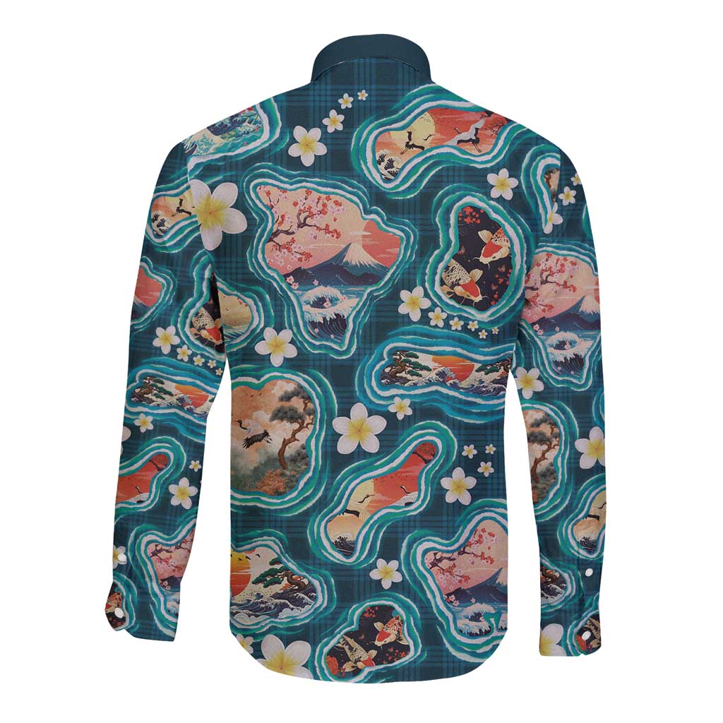Hawaiian and Japanese Culture Together Long Sleeve Button Shirt Hawaiian Island Shapes with Japanese Landscape Teal Color LT03 - Polynesian Pride