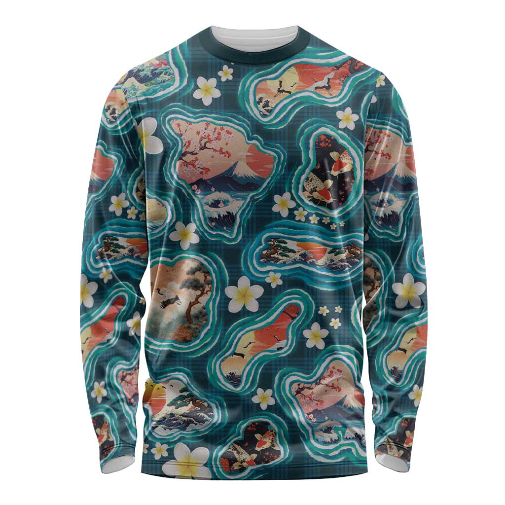 Hawaiian and Japanese Culture Together Long Sleeve Shirt Hawaiian Island Shapes with Japanese Landscape Teal Color LT03 Unisex Teal - Polynesian Pride