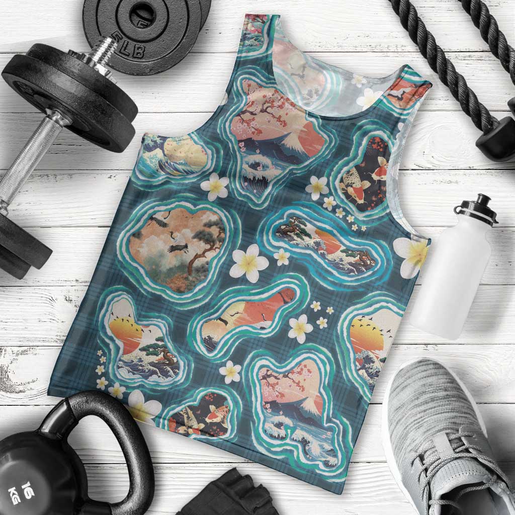 Hawaiian and Japanese Culture Together Men Tank Top Hawaiian Island Shapes with Japanese Landscape Teal Color LT03 - Polynesian Pride