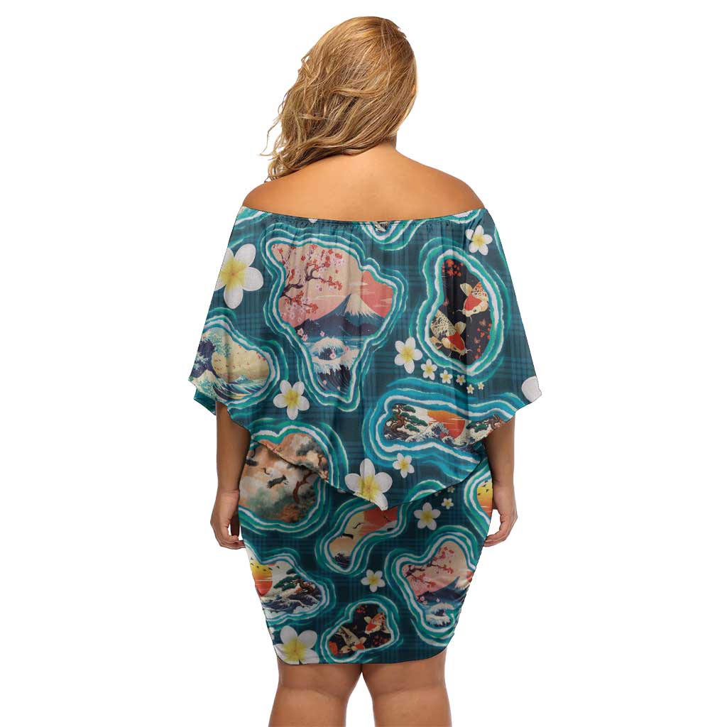 Hawaiian and Japanese Culture Together Off Shoulder Short Dress Hawaiian Island Shapes with Japanese Landscape Teal Color LT03 - Polynesian Pride