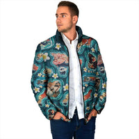 Hawaiian and Japanese Culture Together Padded Jacket Hawaiian Island Shapes with Japanese Landscape Teal Color LT03 - Polynesian Pride