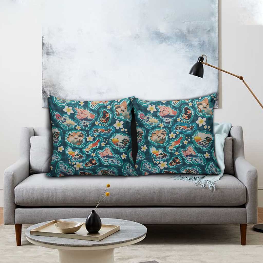 Hawaiian and Japanese Culture Together Pillow Cover Hawaiian Island Shapes with Japanese Landscape Teal Color LT03 - Polynesian Pride