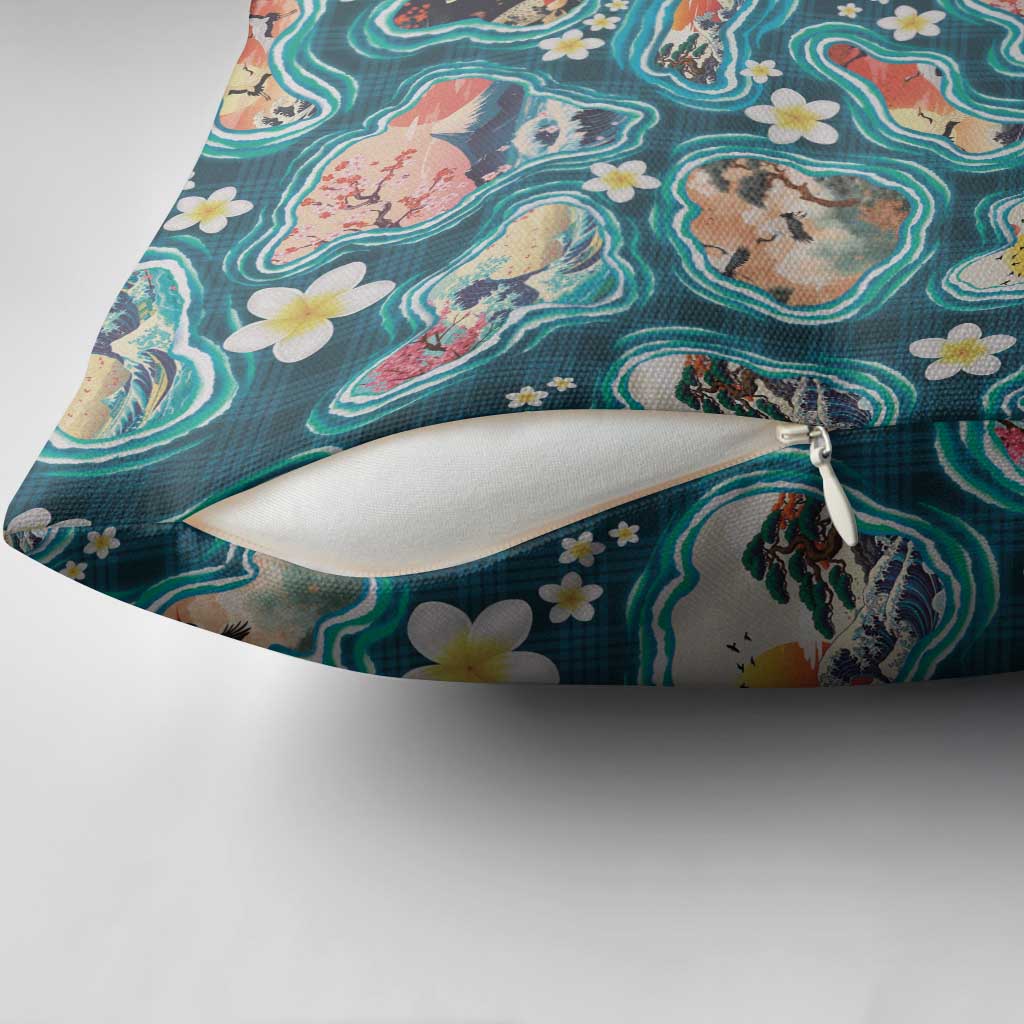 Hawaiian and Japanese Culture Together Pillow Cover Hawaiian Island Shapes with Japanese Landscape Teal Color LT03 - Polynesian Pride