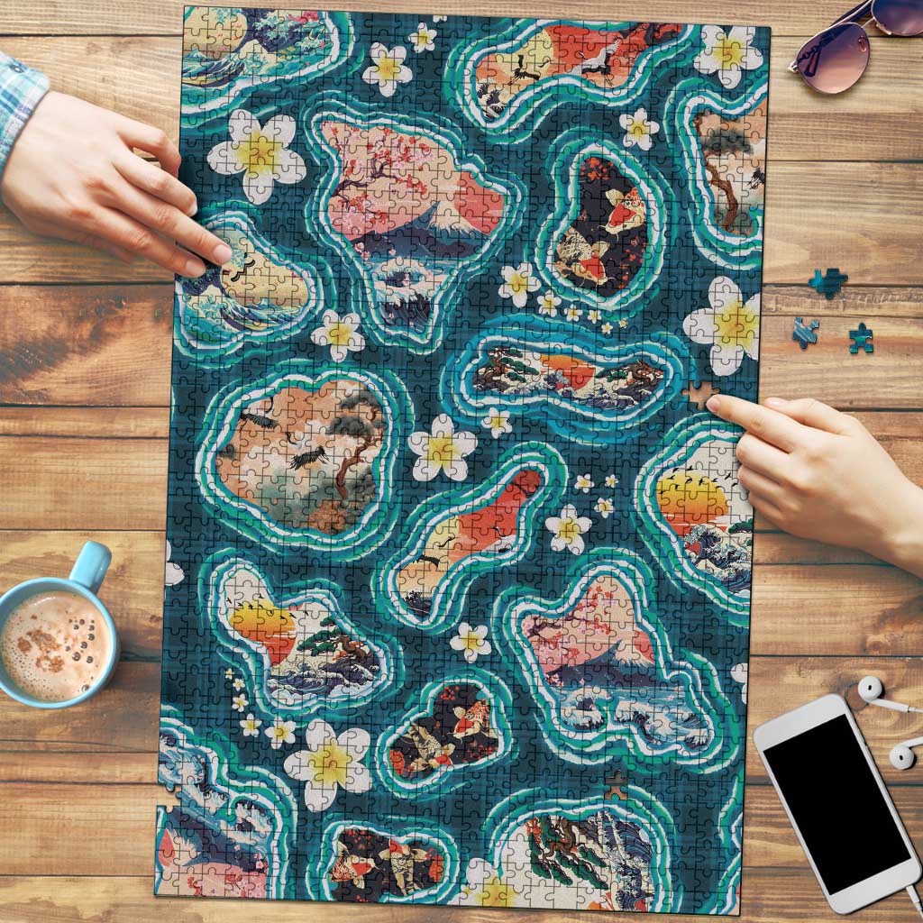 Hawaiian and Japanese Culture Together Puzzle Hawaiian Island Shapes with Japanese Landscape Teal Color LT03 Teal - Polynesian Pride