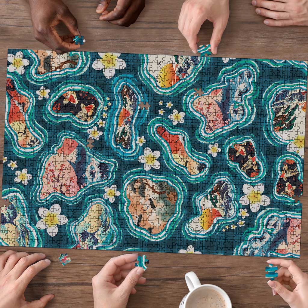 Hawaiian and Japanese Culture Together Puzzle Hawaiian Island Shapes with Japanese Landscape Teal Color LT03 - Polynesian Pride
