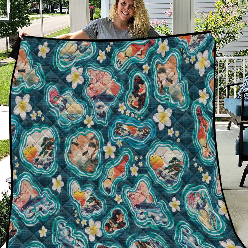 Hawaiian and Japanese Culture Together Quilt Hawaiian Island Shapes with Japanese Landscape Teal Color LT03 Teal - Polynesian Pride