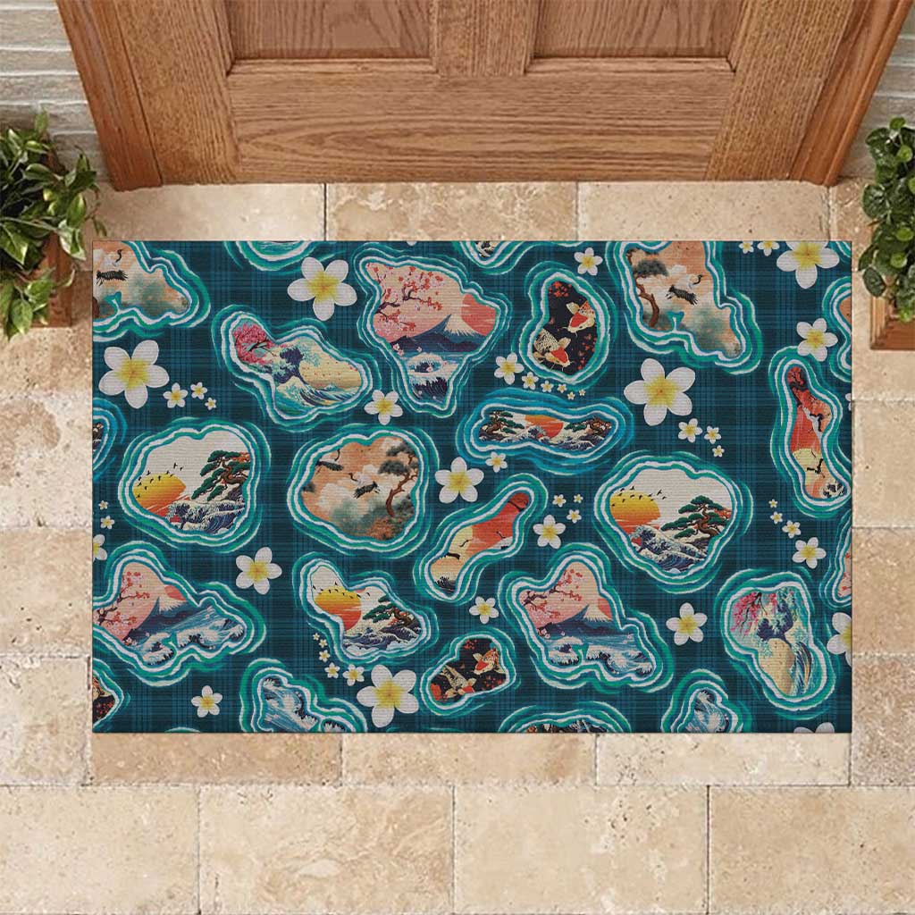 Hawaiian and Japanese Culture Together Rubber Doormat Hawaiian Island Shapes with Japanese Landscape Teal Color LT03 Teal - Polynesian Pride
