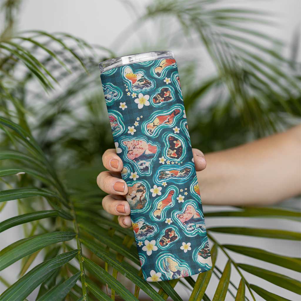 Hawaiian and Japanese Culture Together Skinny Tumbler Hawaiian Island Shapes with Japanese Landscape Teal Color LT03 - Polynesian Pride