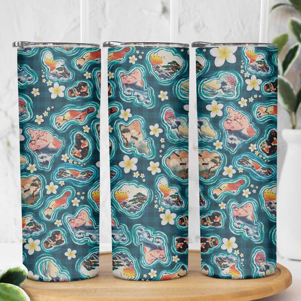 Hawaiian and Japanese Culture Together Skinny Tumbler Hawaiian Island Shapes with Japanese Landscape Teal Color LT03 - Polynesian Pride