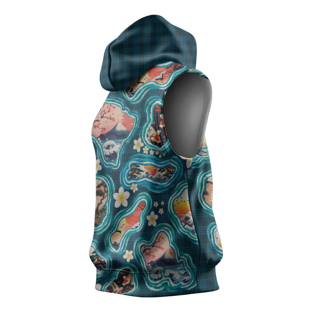 Hawaiian and Japanese Culture Together Sleeveless Hoodie Hawaiian Island Shapes with Japanese Landscape Teal Color LT03 - Polynesian Pride