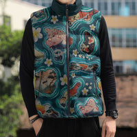 Hawaiian and Japanese Culture Together Sleeveless Puffer Jacket Hawaiian Island Shapes with Japanese Landscape Teal Color LT03 - Polynesian Pride