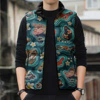 Hawaiian and Japanese Culture Together Sleeveless Puffer Jacket Hawaiian Island Shapes with Japanese Landscape Teal Color LT03 - Polynesian Pride