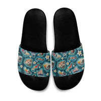 Hawaiian and Japanese Culture Together Slide Sandals Hawaiian Island Shapes with Japanese Landscape Teal Color LT03 Teal - Polynesian Pride