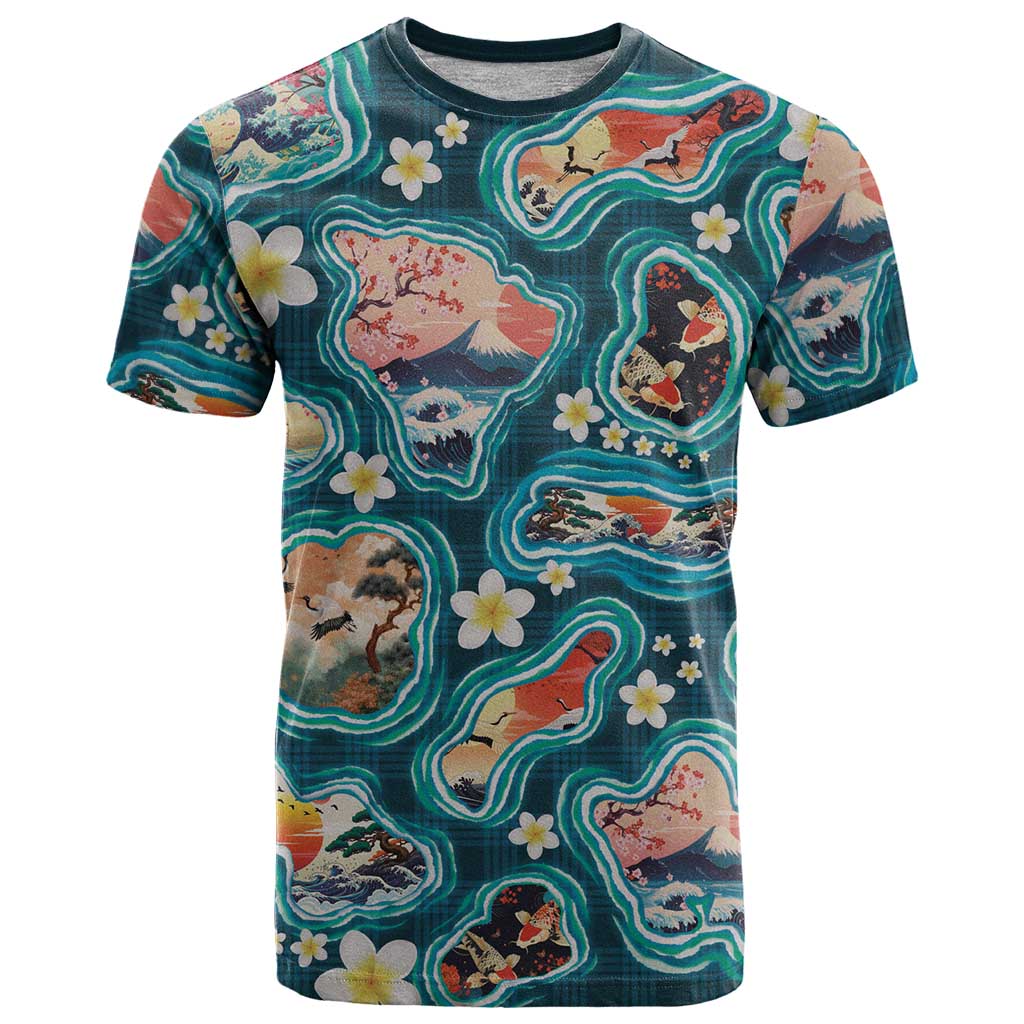 Hawaiian and Japanese Culture Together T Shirt Hawaiian Island Shapes with Japanese Landscape Teal Color LT03 Teal - Polynesian Pride