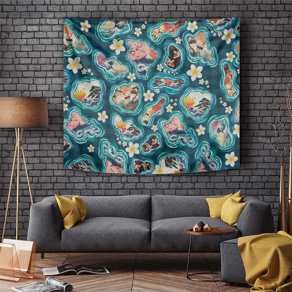 Hawaiian and Japanese Culture Together Tapestry Hawaiian Island Shapes with Japanese Landscape Teal Color LT03 Teal - Polynesian Pride