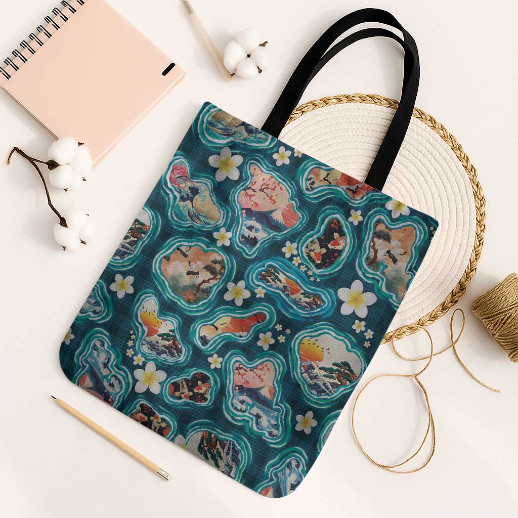 Hawaiian and Japanese Culture Together Tote Bag Hawaiian Island Shapes with Japanese Landscape Teal Color LT03 Black Strap One Size Teal - Polynesian Pride