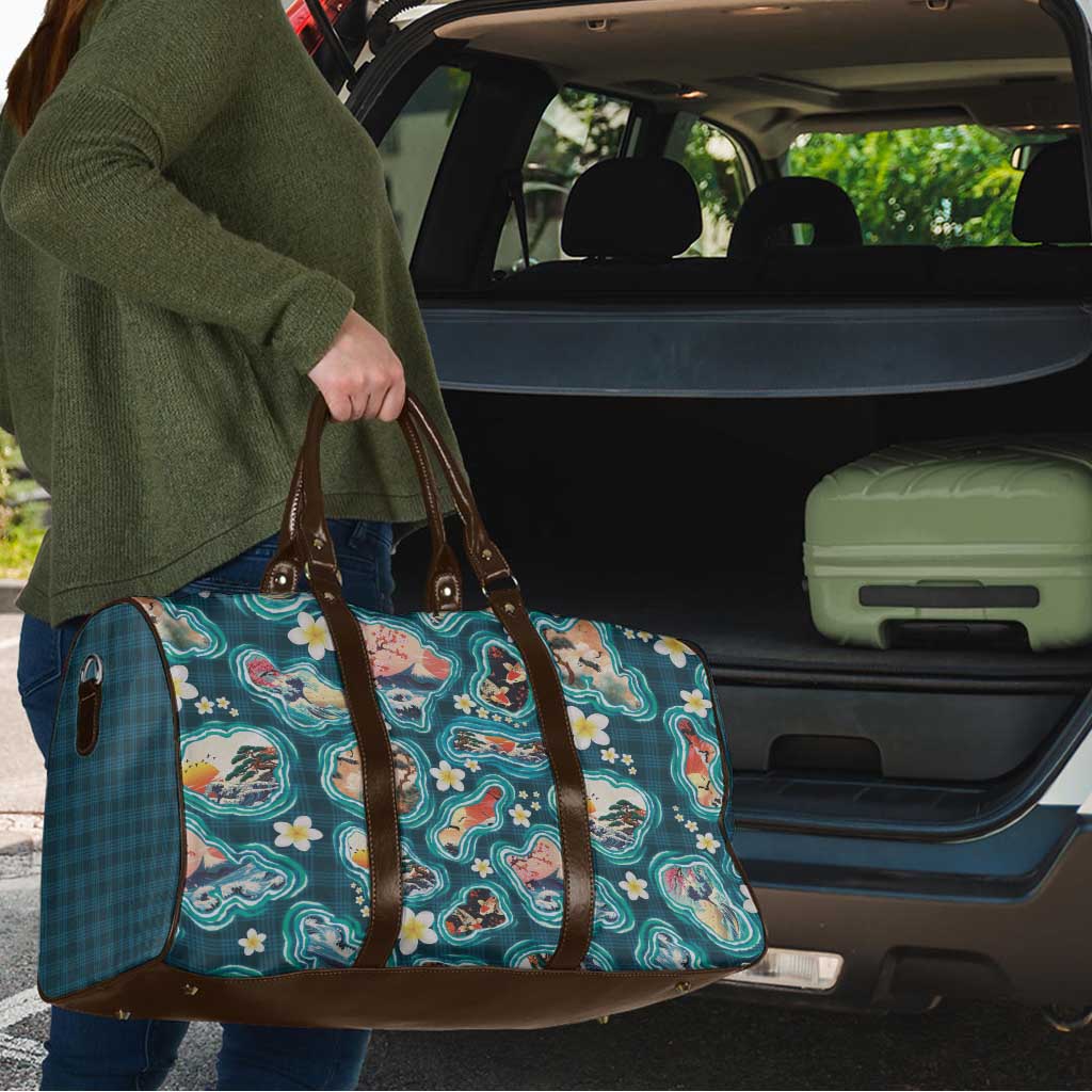 Hawaiian and Japanese Culture Together Travel Bag Hawaiian Island Shapes with Japanese Landscape Teal Color LT03 - Polynesian Pride