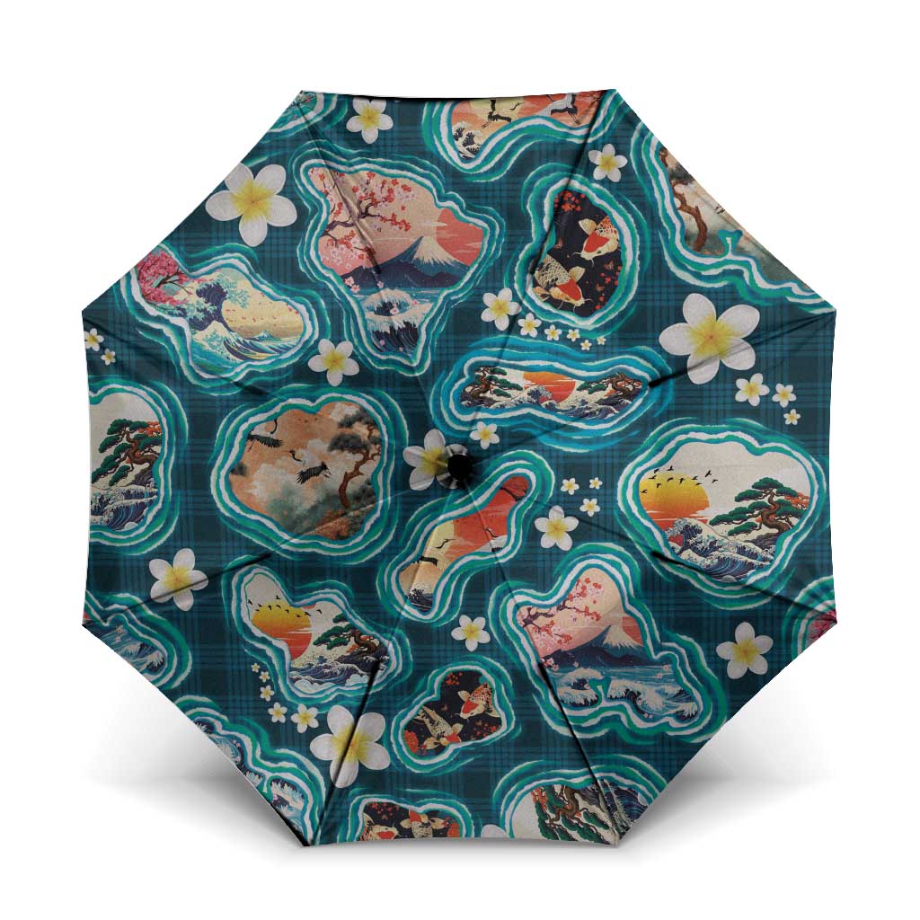 Hawaiian and Japanese Culture Together Umbrella Hawaiian Island Shapes with Japanese Landscape Teal Color LT03 One Size Folded 11.42 inch Opened Diameter 37.4 inch Teal - Polynesian Pride