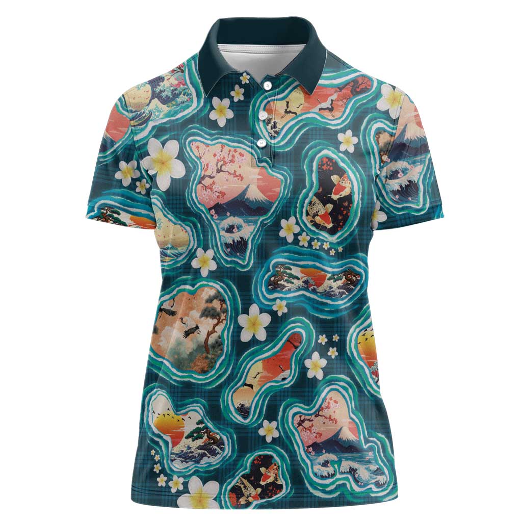 Hawaiian and Japanese Culture Together Women Polo Shirt Hawaiian Island Shapes with Japanese Landscape Teal Color LT03 Female Teal - Polynesian Pride