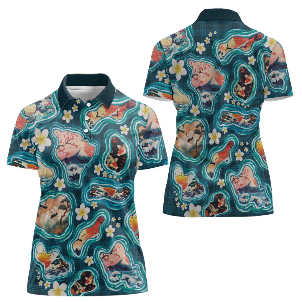 Hawaiian and Japanese Culture Together Women Polo Shirt Hawaiian Island Shapes with Japanese Landscape Teal Color LT03 - Polynesian Pride