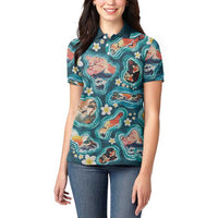 Hawaiian and Japanese Culture Together Women Polo Shirt Hawaiian Island Shapes with Japanese Landscape Teal Color LT03 - Polynesian Pride