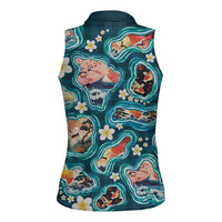 Hawaiian and Japanese Culture Together Women Sleeveless Polo Shirt Hawaiian Island Shapes with Japanese Landscape Teal Color LT03 - Polynesian Pride