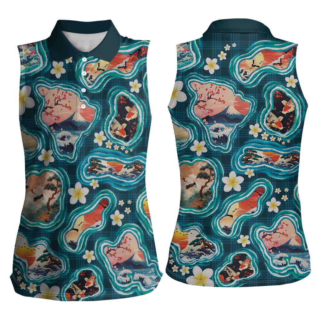 Hawaiian and Japanese Culture Together Women Sleeveless Polo Shirt Hawaiian Island Shapes with Japanese Landscape Teal Color LT03 - Polynesian Pride