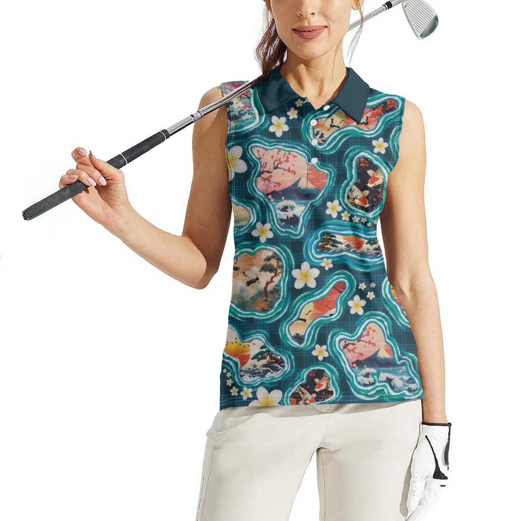 Hawaiian and Japanese Culture Together Women Sleeveless Polo Shirt Hawaiian Island Shapes with Japanese Landscape Teal Color LT03 - Polynesian Pride