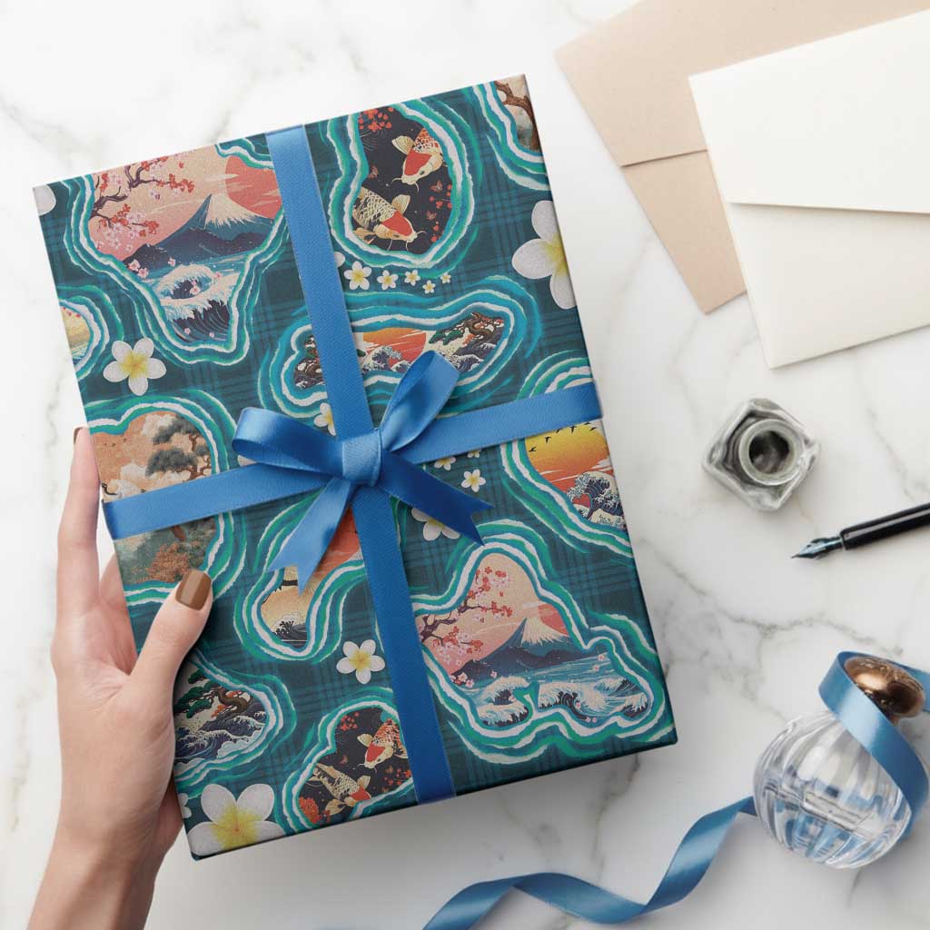 Hawaiian and Japanese Culture Together Wrapping Paper Hawaiian Island Shapes with Japanese Landscape Teal Color LT03 - Polynesian Pride