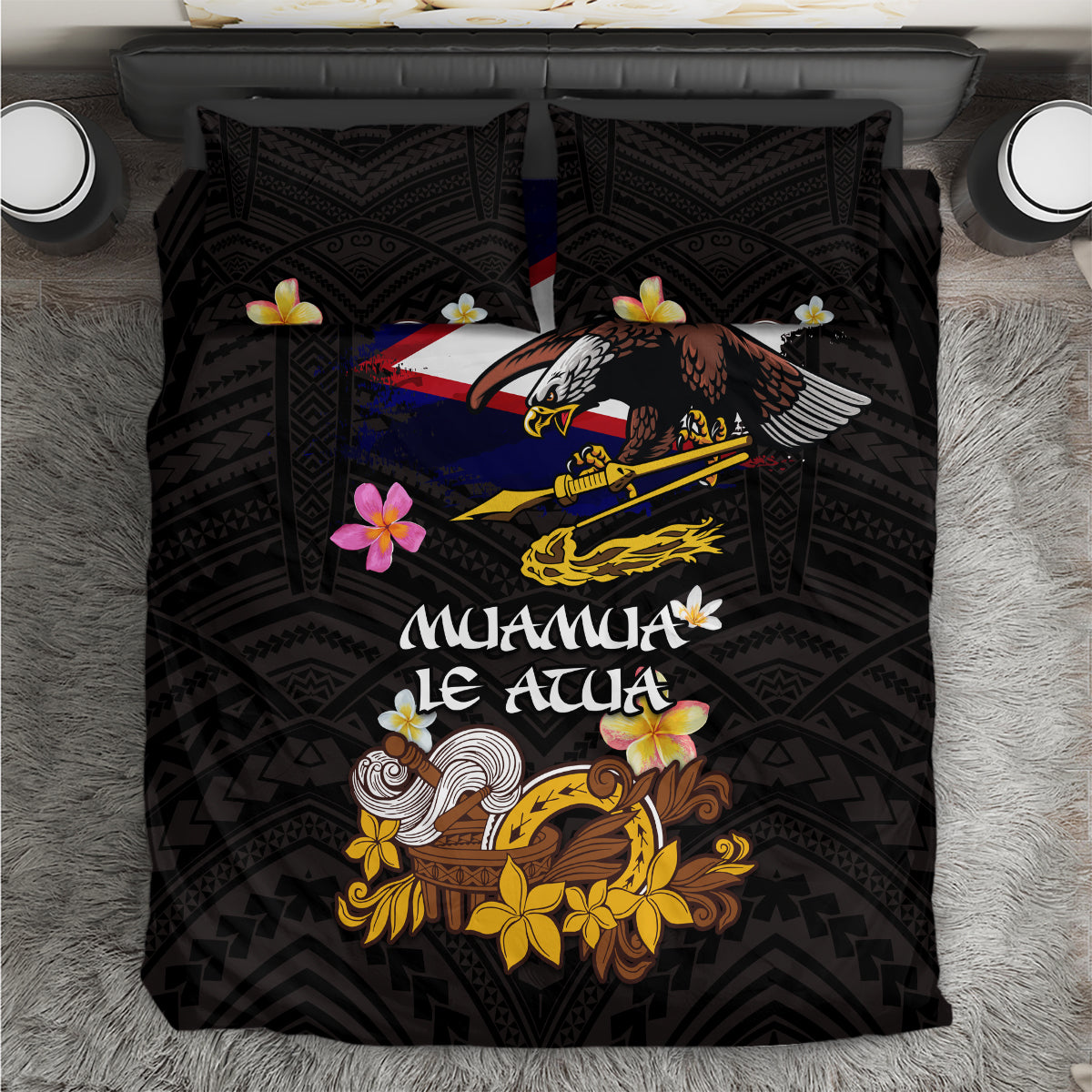 American Samoa Fue and Kava Bowl Bedding Set Plumeria and Polynesian Pattern