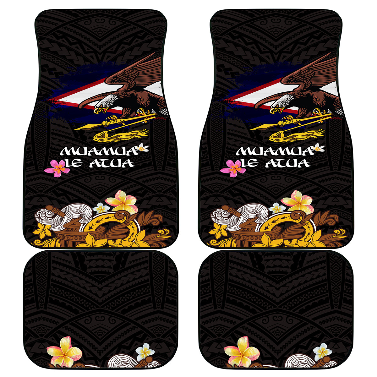 American Samoa Fue and Kava Bowl Car Mats Plumeria and Polynesian Pattern