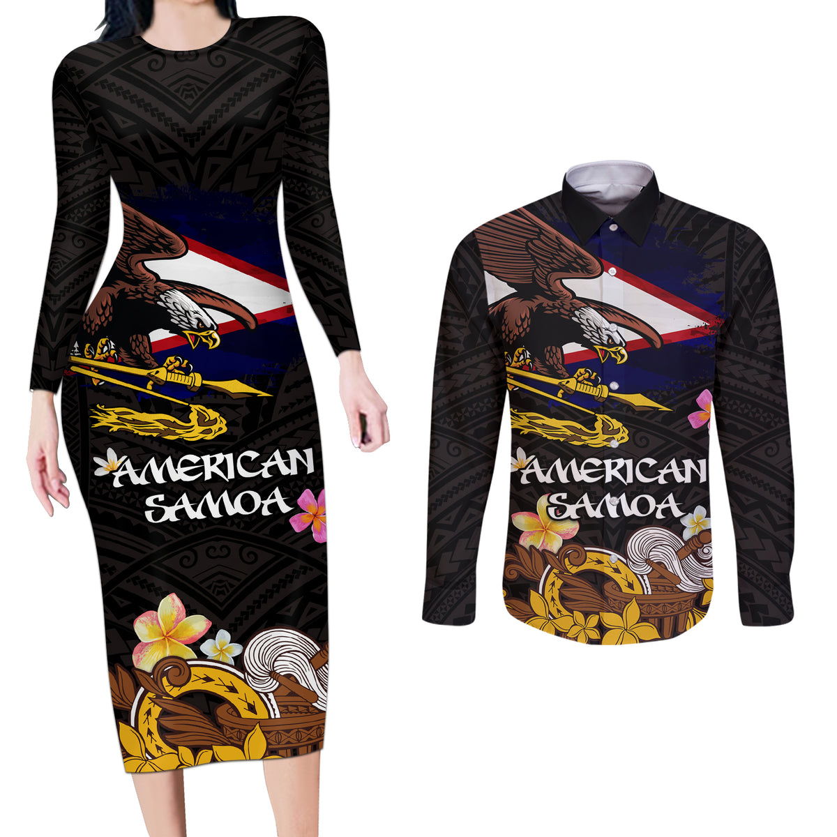 American Samoa Fue and Kava Bowl Couples Matching Long Sleeve Bodycon Dress and Long Sleeve Button Shirt Plumeria and Polynesian Pattern LT03 Black - Polynesian Pride
