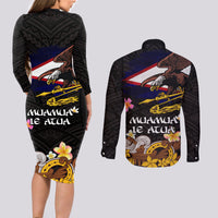 American Samoa Fue and Kava Bowl Couples Matching Long Sleeve Bodycon Dress and Long Sleeve Button Shirt Plumeria and Polynesian Pattern LT03 - Polynesian Pride