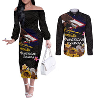 American Samoa Fue and Kava Bowl Couples Matching Off The Shoulder Long Sleeve Dress and Long Sleeve Button Shirt Plumeria and Polynesian Pattern LT03 Black - Polynesian Pride