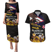 American Samoa Fue and Kava Bowl Couples Matching Puletasi and Hawaiian Shirt Plumeria and Polynesian Pattern LT03 Black - Polynesian Pride