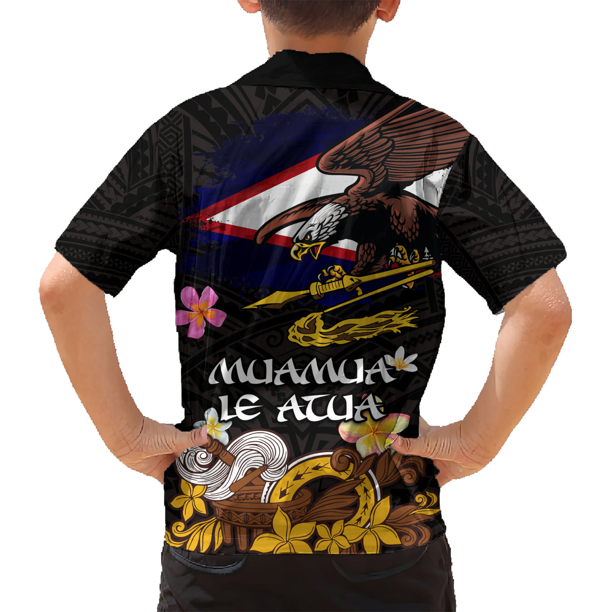 American Samoa Fue and Kava Bowl Kid Hawaiian Shirt Plumeria and Polynesian Pattern
