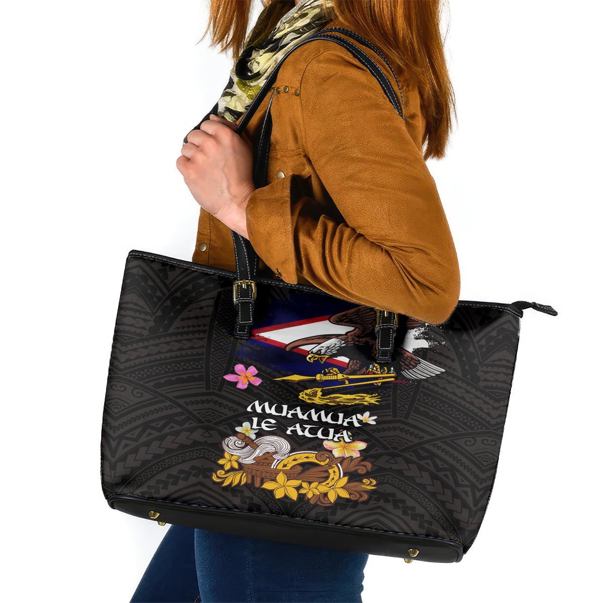 American Samoa Fue and Kava Bowl Leather Tote Bag Plumeria and Polynesian Pattern LT03 Black - Polynesian Pride